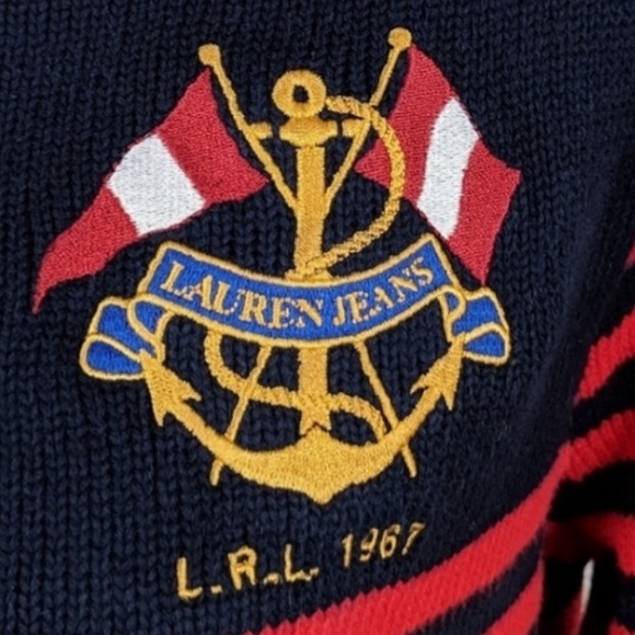 RALPH LAUREN Nautical Embroidered Flag Crest Sweater Red & Blue Striped XL NWOT! - Picture 2 of 10